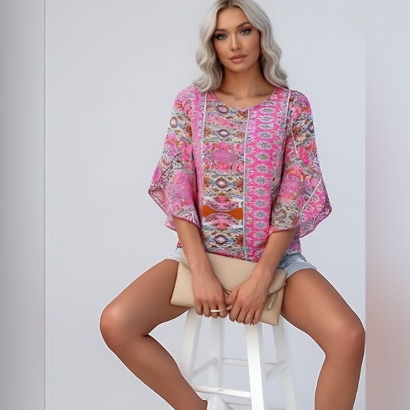 Boho Pink Floral Print Sleeve Blouse - Picture 4 of 5